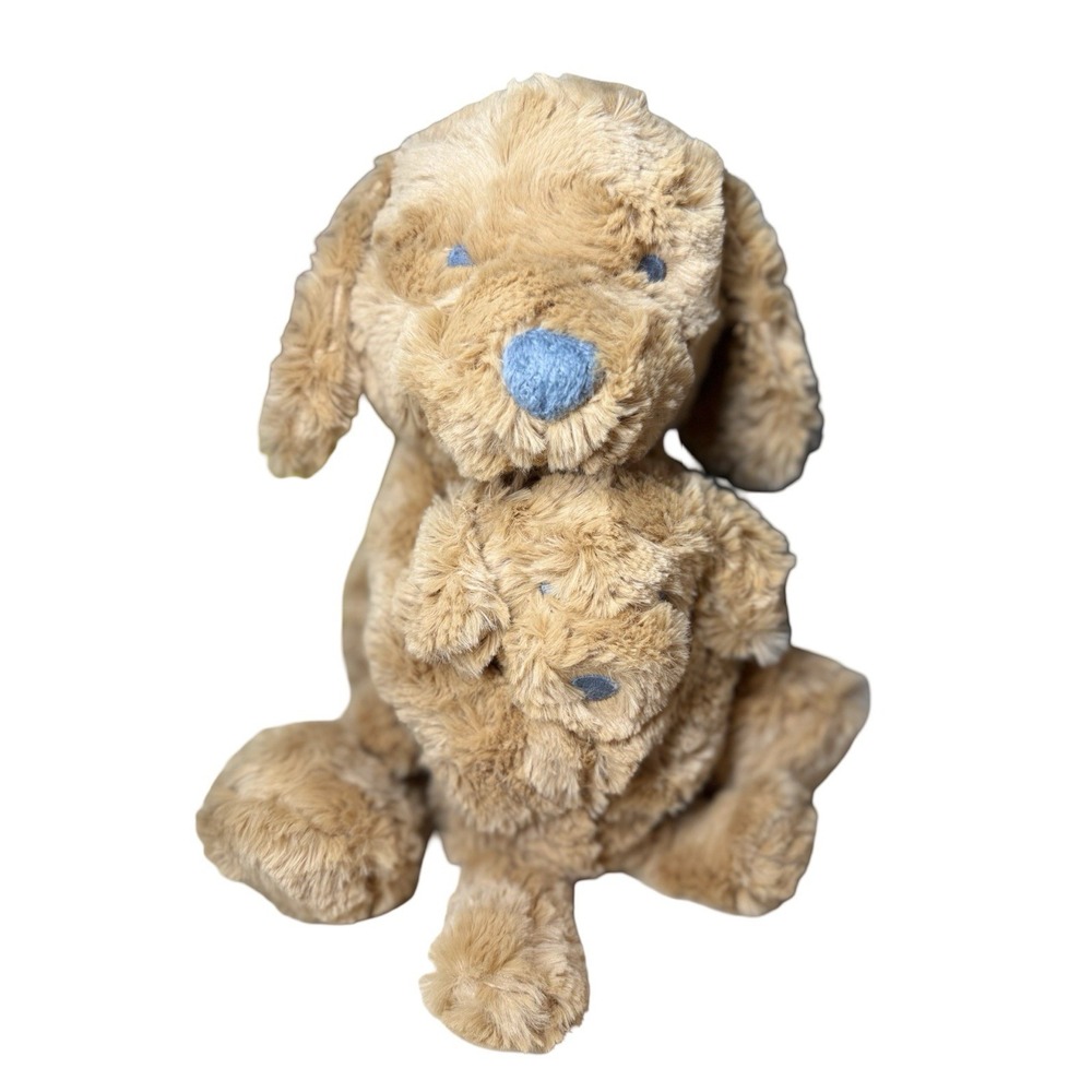 Cloud Island Plush Dog Mom and Baby Puppy Toy Rattle Set Brown Embroidered Eyes